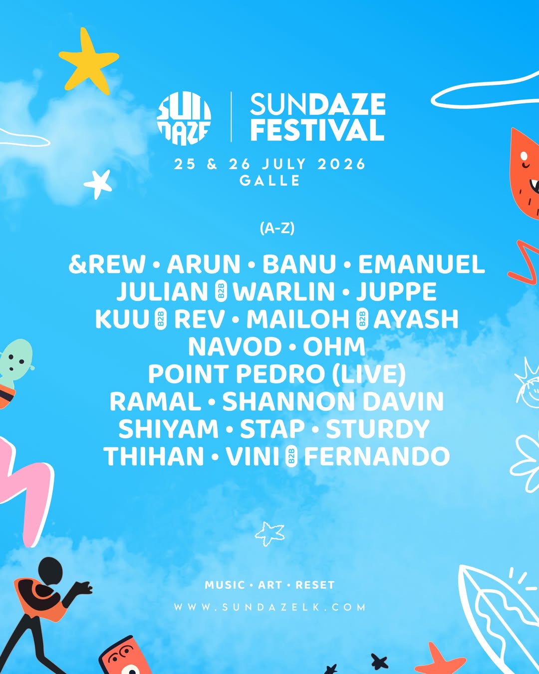 Sundaze Festival artist lineup — twenty three artists including Andrew, Arun, Banu, Emanuel, Julian b2b Warlin, Point Pedro live, and more